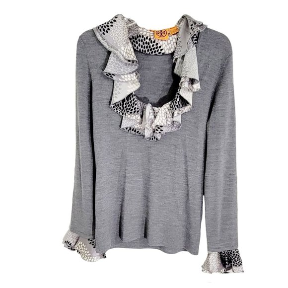 Tory Burch Womens Gray Long Sleeve Sweater Printed‎ Ruffle Collar & Cuffs Size L - Picture 1 of 13